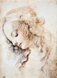 Leonardo da Vinci (Leonardo da Vinci) (1452 - 1519): Retrato de una niña con los ojos cerrados y la cabeza baja con el cabello adornado con una banda enriquecida con joyas