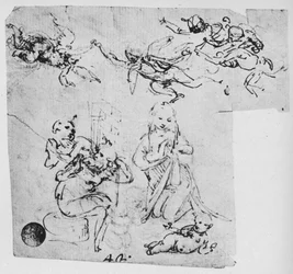 Madonna adorando al Niño Jesús y otras figuras, c1480 1945