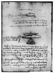 Manuscrito de París B, fol. 83v: Página de texto y bocetos para una máquina voladora, 1488-90