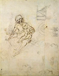 Estudios para una Virgen y el Niño y de cabezas en perfil y máquinas, c.1478-80