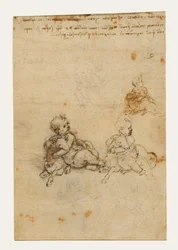 Bocetos para «El Niño Jesús con un cordero» (anverso); «Cabeza de anciano» y «Bocetos de maquinaria» (reverso)