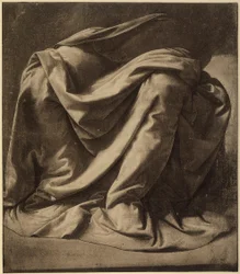 Estudio para el manto de la Virgen en la Anunciación conservada hoy en los Uffizi; acuarela y negro realzado con blanco sobre lienzo muy fino, por Leonardo da Vinci. El Louvre, París