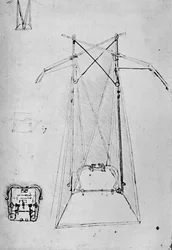 Estudio del aparato motriz de la máquina voladora con plano del mecanismo de la base, 1928