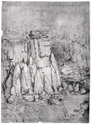 Estudio de una caverna rocosa con patos, 1482-1485