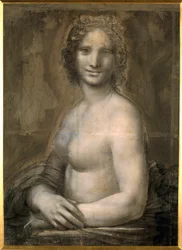Estudio de desnudo femenino, probablemente el busto desnudo de la Mona Lisa, atribuido a la Mona Lisa. Dibujo sobre papel marrón con piedra negra de la escuela de Leonardo da Vinci (1452-1519). Dimensiones: 0.72 x 0.54 m. Chantilly, Museo Condé