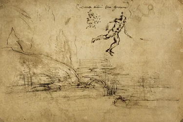 El reverso de un dibujo de paisaje con la figura de un soldado