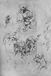 Dos estudios de la Madonna y el Niño con un gato y tres estudios del Niño, 1475-1481, 1945