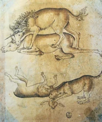 Unicornio atacando a una vaca y leopardo atacando a una oveja, estudio de animales, de Leonardo da Vinci (1452-1519), dibujo