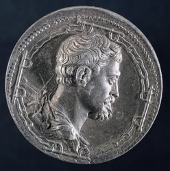 Reverso del medallón de Andrea Doria que representa al artista rodeado por las cadenas de un convicto y con una galera en el fondo, c.1541 (ver 122337 para el anverso)