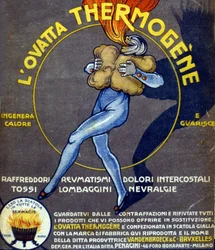 Anuncio de algodón termogénico que cura resfriados, dolores internos, reumatismo, tos, neuralgia y lumbago. Dibujo de L. Cappiello (1875 - 1942) Italia, siglo XX