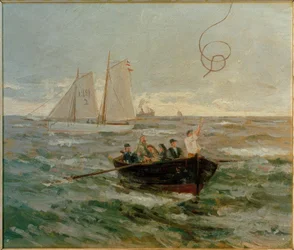 Barco piloto tomando línea de pesca del velero piloto Elbe 2