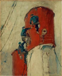 Chimenea de un barco de vapor de Hamburgo-Süd siendo pintada
