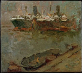 Barcaza en el muelle, dos barcos de pasajeros en el fondo