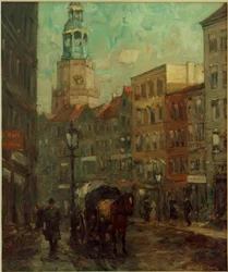 Calle con coche de caballos, torre de iglesia al fondo
