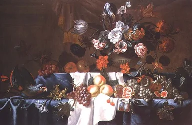 Naturaleza muerta de frutas con un loro