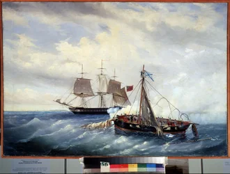 La batalla naval entre el pequeño barco ruso Opyt y la fragata británica, frente a la isla de Nargen (mar Caspio), el 11 de julio de 1808 durante la guerra anglo-rusa (anglo-rusa) (1807-1812). (La batalla naval entre el pequeño barco ruso Opyt y t