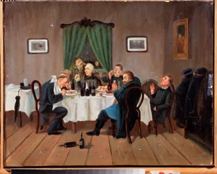 En una taberna. Pintura de Leonid Ivanovich Solomatkin (1837-1883), óleo sobre lienzo. arte ruso