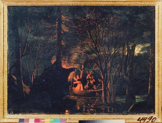 Pesca submarina nocturna. Pintura de Leonid Ivanovich Solomatkin (1837-1883), óleo sobre lienzo