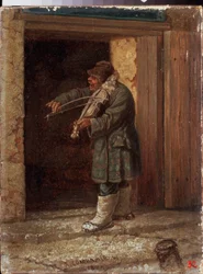 Un musico. (Un violinista mendigo tocando frente a la entrada de un edificio de campo). Pintura de Leonid Ivanovich Solomatkin (1837-1883)