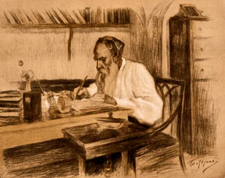 El conde Lev Tolstoi en su estudio. 1908 (litografía)