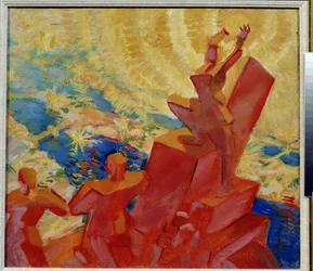 Al sol. Paisaje coloreado con una de las figuras sosteniendo el sol en sus manos. Pintura de Leonid Terentlevich Chupyatov (1890-1941). Óleo sobre lienzo