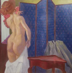 Desnudo femenino junto a una pantalla