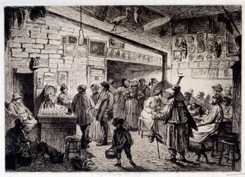 Vista del interior del cabaret del Conejo Blanco demolido en 1860 (grabado por Leopold Flameng)
