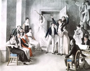 Reunión musical de schubertianos. Schubert está sentado en la silla a la derecha