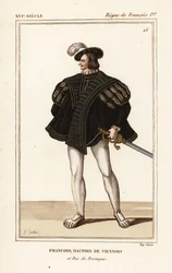 Francisco III, duque de Bretaña 1518-1536. Francisco, delfín vienés y duque de Bretaña. Litografía coloreada a mano por J.B. Gautier a partir de un retrato de la carpeta VIII 14 de Roger de Gaignieres de Le Bibliophile Jacob alias Costumes Historique de Pa