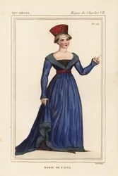 Marie de Fayel, condesa de Dammartin, esposa de Renaud de Nanteuil, señor de Acy y hermana de Jean de Fayel. Litografía coloreada a mano según una miniatura del manuscrito Histoire du Comte Gerard de Nevers en la carpeta VI 123 de Roger de Gaignieres de Le