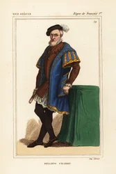 Philippe Chabot, Señor de Brion, Conde de Charny, Almirante de Brion, almirante francés, m. 1543. Litografía coloreada a mano según un retrato de las carpetas de Roger de Gaignieres de Le Bibliophile Jacob alias Paul Lacroix