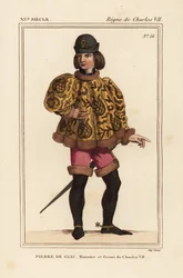 Pierre de Giac, chambelán del rey Carlos VII de 1377 a 1426. Ejecutado por ahogamiento en Dun-Le-Roi. Viste sotana corta con mangas mahoitres, pantalón rosa y botas con espuelas. Litografía coloreada a mano según una miniatura de un manuscrito Histoire du