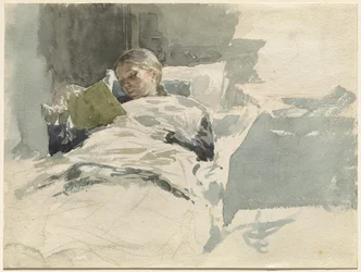 La esposa del artista leyendo en la cama