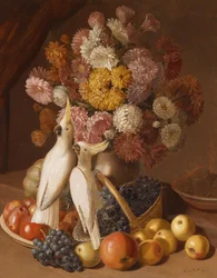 Bodegón floral con frutas y cacatúas ninfa
