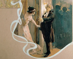 Tarjeta postal ilustrada por Leopoldo Metlicovitz (1868-1944) que representa una escena de Tosca, ópera de Giacomo Puccini (1858-1924)
