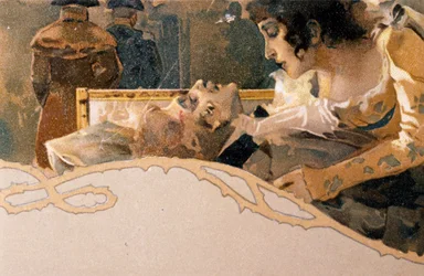 Postal ilustrada por Leopoldo Metlicovitz (1868-1944) que representa escenas de Tosca, ópera de Giacomo Puccini (1858-1924)