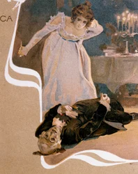 Tarjeta postal ilustrada por Leopoldo Metlicovitz (1868-1944) con escenas de Tosca, ópera de Giacomo Puccini (1858-1924)