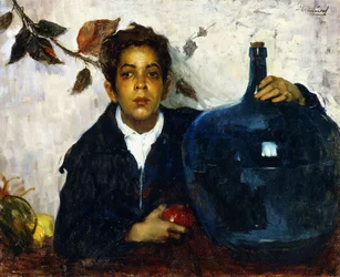 Niño con una botella grande (óleo sobre lienzo)