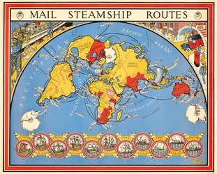 Cartel que anuncia las rutas de los barcos de vapor de correo