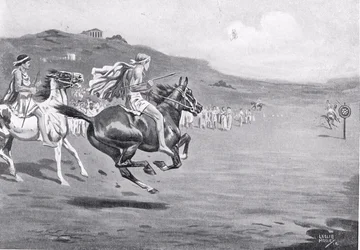 Jinetes griegos lanzando la jabalina, ilustración de 