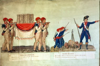 Llevando la maqueta de la Bastilla y soldado dando una conferencia a los niños, c.1790 (gouache sobre papel)