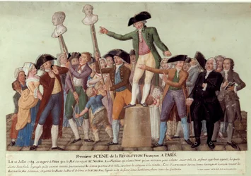 Primera escena de la Revolución Francesa en París: el 12/07/1789, después del despido del rey a Jacques Necker, Camille Desmoulins arengó a la multitud en el Palais Royal y llamó a la revuelta contra el gobierno
