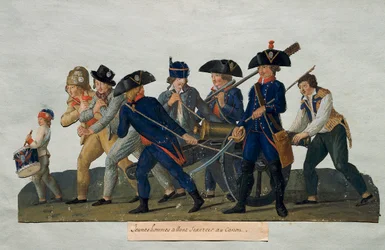 Revolución Francesa: Jóvenes practicando con el cañón. Grabado de los hermanos Lesueur (siglo XVIII). París, Museo Carnavalet