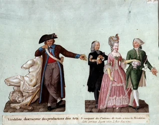 Revolución Francesa: "un vándalo, destructor de obras de arte a la izquierda, burlándose de los trajes de dos nobles y un abad llevando un perrito. Gouache de los hermanos Lesueur (siglo XVIII), Museo Carnavalet, París