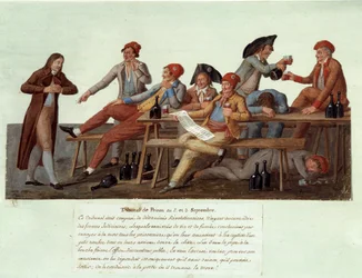 Revolución Francesa de 1789: “Un tribunal de prisión el 2 y 3 de septiembre” Representación satírica de un tribunal revolucionario, los miembros no tienen jurisdicción en asuntos de justicia y juzgan casos bebiendo vino y fumando. Gouache de los hermanos L