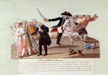 Revolución Francesa de 1789: Príncipe de Lambesc en las Tullerías el 12 de julio tratando de suprimir las primeras manifestaciones de los revolucionarios.