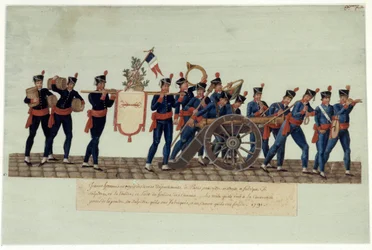 Revolución Francesa de 1789: "de jóvenes llevando a la Convención, pólvora, salitre que hicieron y un cañón que fundieron." Gouache de los hermanos Lesueur (siglo XVIII)