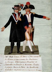 Revolución Francesa: representación de Jean Sylvain Bailly (1736-1793), presidente de la Asamblea Constituyente de Versalles y luego alcalde de la ciudad de París, ordenó disparar a los jinetes que apuntaban a derrocar al rey el 17/07/1791 en el Campo de M
