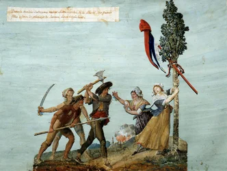 Revolución Francesa: Los ladrones intentan derribar el árbol de la Libertad, las jóvenes en lágrimas los detienen. Gouache de los hermanos Lesueur. 1793. Museo Carnavalet, París
