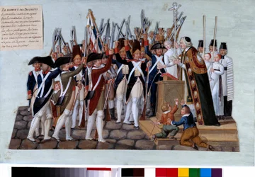 Revolución francesa: el juramento de los distritos. Después de la proclamación de la Constitución, el pueblo se reunió en las plazas públicas, los curas presidieron las reuniones. Gouache de los hermanos Lesueur (siglo XVIII). 1789. París, Museo Carnavalet
